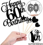 60th Birthday Cake Decorations Set Include 60th Birthday Candles Numeral 60 Cake Candles and Happy 60th Birthday Cake Toppers with Heart Star Cupcake Picks for Birthday Party (Black Series)