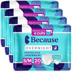 Because Overnight Absorbency Pull Ups - Adult Disposable Incontinence Underwear, Extra Absorbent Nighttime Briefs for Men and Women, White, Small/Medium, 80 Count (4 Packs of 20)
