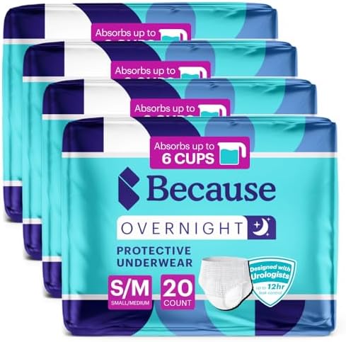 Because Overnight Absorbency Pull Ups - Adult Disposable Incontinence Underwear, Extra Absorbent Nighttime Briefs for Men and Women, White, Small/Medium, 80 Count (4 Packs of 20)