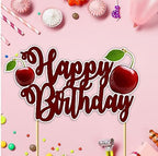 "Cherry Happy Birthday Cake Topper – Cute Fruit-Themed Birthday Party Decoration for Adults – Red Cherry Cake Topper for Dessert Tables, Smash Cakes, High Chairs, and Themed Birthday Celebrations"