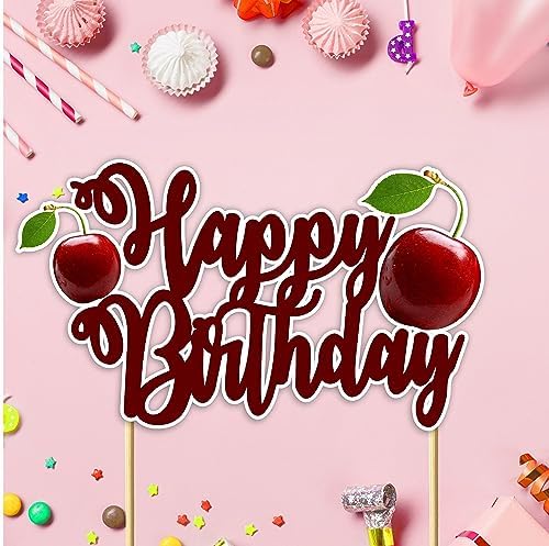 "Cherry Happy Birthday Cake Topper – Cute Fruit-Themed Birthday Party Decoration for Adults – Red Cherry Cake Topper for Dessert Tables, Smash Cakes, High Chairs, and Themed Birthday Celebrations"