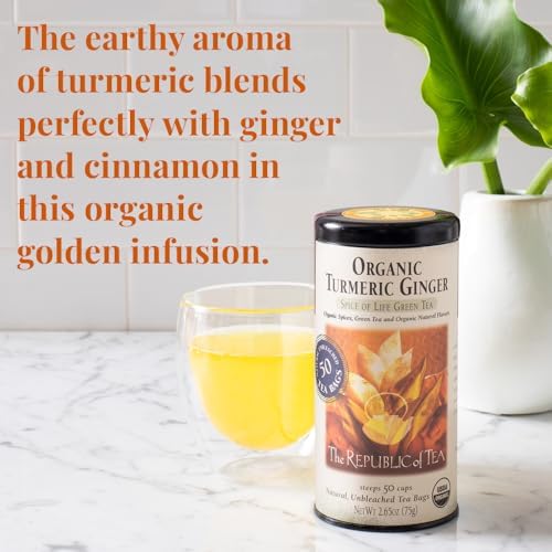 The Republic of Tea - Organic Turmeric Ginger Green Tea Tin, 50 Tea Bags, Naturally Caffeinated