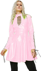 Women PVC Long Sleeve Dress Vinyl Hollow Out A-Line Dress High Waist Above Knee Mini Party Dress,Light Pink,XL