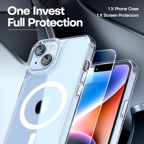 TAURI 2 in 1 Magnetic for iPhone 14 Case Clear, [Compatible with MagSafe] with Screen Protectors, Military-Grade Drop Protection Shockproof Slim 14 Cover 6.1 Inch