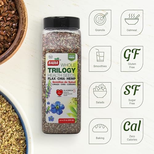 Badia Trilogy Health Seed, Flax, Chia, Hemp Seeds Blend, High Fiber Superfood Mix, Omega-3, 21 oz