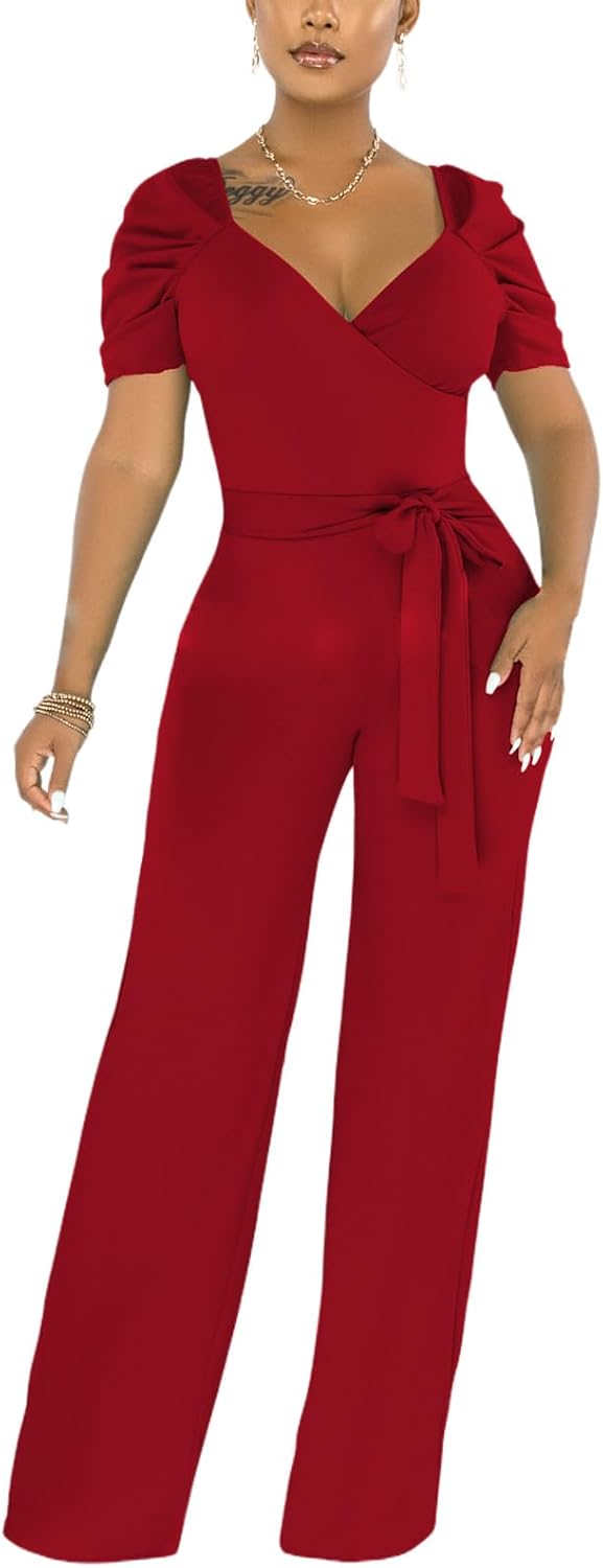 PaladMom Womens Elegant Plus Size Jumpsuits Sexy Back zipper Short Sleeve Mid Waist Wide Leg Straight Rompers