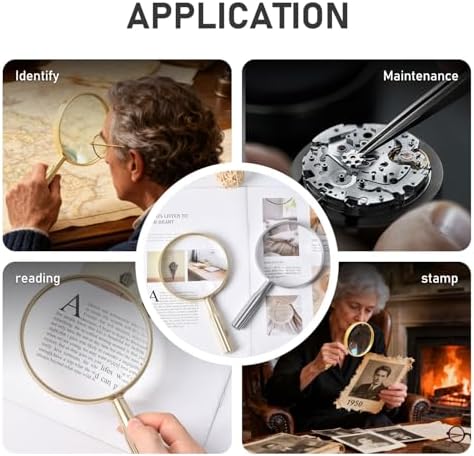 Lakei Magnifying Glass,10X Handheld Reading Magnifying Glass，110mm Shatter Resistant Lens, Non-Slip Handle, Suitable for Elderly Reading, Adults Close Work, Hobbies and Science (Gold)