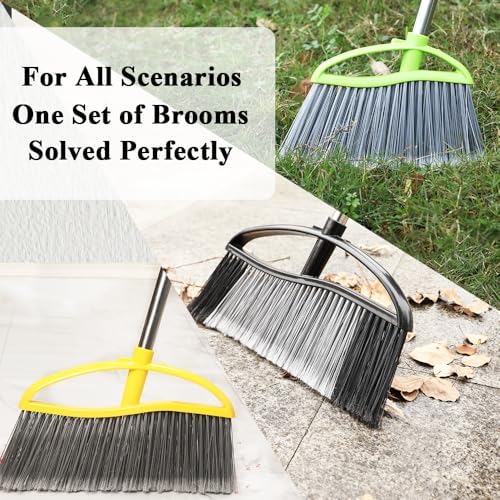 3 Pack Wide Heavy Duty Angle Broom - Stiff Bristle Outdoor Brooms for Sweeping Patio, Garden, Garage, Yard (Black, Yellow, Green)