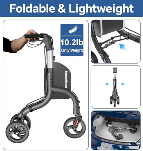 SOUNDFUSE 3 Wheel Walkers for Seniors, Lightweight Foldable Aluminum Rollator Walker, Height Adjustable Three Wheel Walker, Black