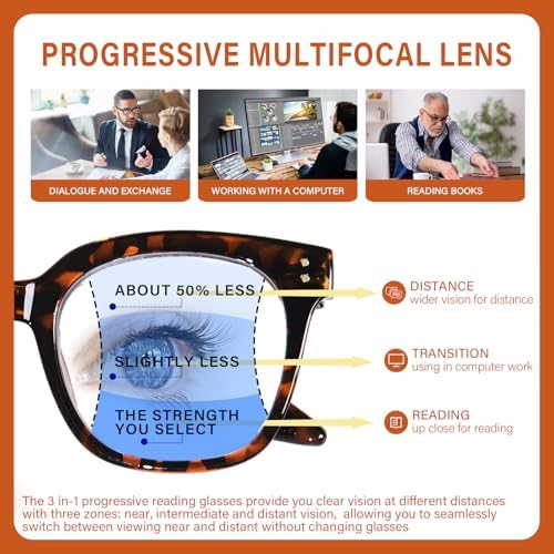 Progressive Multifocus Reading Glasses for Women Men Oversized Anti Blue Light Blocking Readers Square Eyeglasses