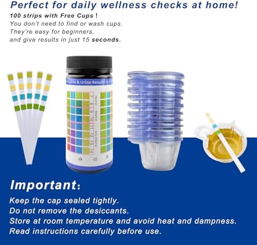pH Test Strips for Urine Saliva 100 Ct with 100 Cups, (Range 0-14) 4 in 1 pH Testing Strips or Human Body Alkaline Acid, Orak pH, Water pH, Fast 15-Second Results Home Pee Test