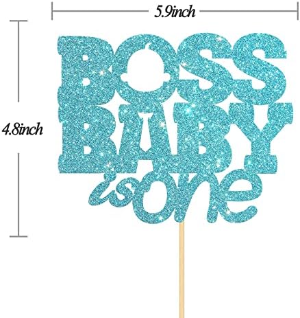 Boss Boy is One Cake Topper, Baby 1st Birthday Cake Topper, Gender Reveal, Happy Birthday Boss Birthday Party Cake Decorations Sky Blue Glitter