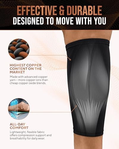 TheraCopper Copper Calf Compression Sleeve — Premium Copper Compression Shin Sleeve for Men & Women — Breathable & Non-Slip Leg Sleeves for Runners, Shin Splints, Muscle Recovery & Leg Fatigue