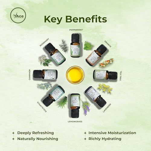 My ACE Pure Aromatherapy Pure Essential Oil Kit for Diffuser for Home, Candle Making Peppermint, Lavender, Eucalyptus, Tea Tree, Rosemary, Camphor, Lemongrass, Orange | 0.33 oz Each Set of 8