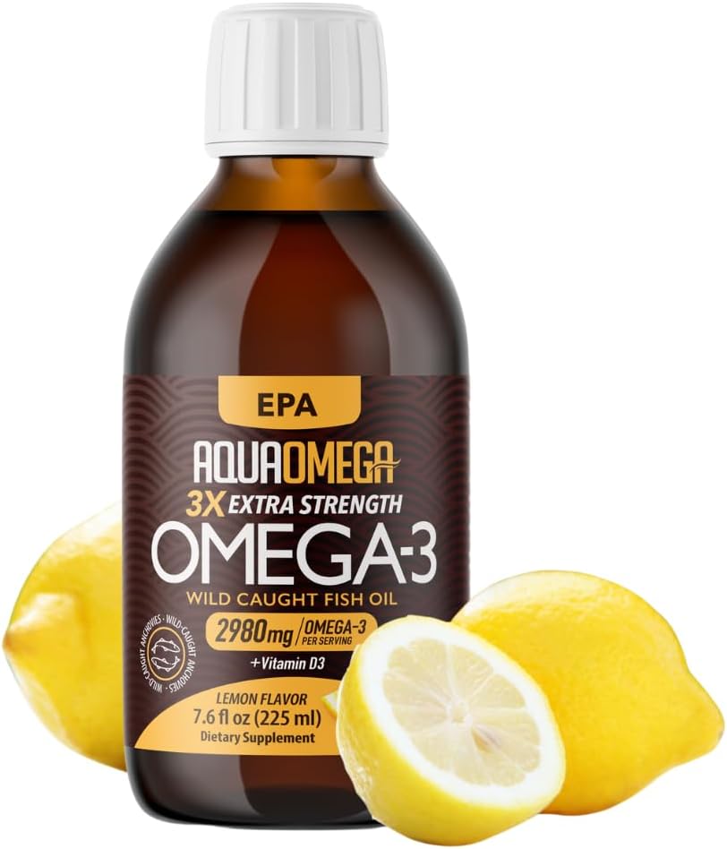 Triple Strength Omega 3 Fish Oil Supplements (2980mg), Wild Caught Fishoil, High EPA & DHA Liquid Fish Oil Omega 3 with Vitamin D, 2000mg EPA and 650mg DHA, 7.60floz (225ml), Lemon Flavor