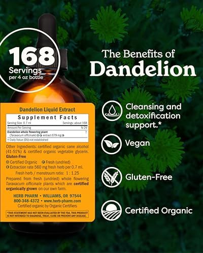 Herb Pharm Certified Organic Dandelion Liquid Extract for Cleansing and Detoxification, Organic Cane Alcohol, 4 Ounce