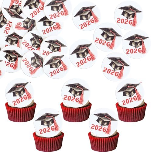 Gyufise 48Pcs Edible 2026 Graduation Cap Cupcake Toppers Wafer Paper Class of 2026 Grad Cap Cupcake Picks for 2026 Graduation Theme Party Cake Decorations Supplies Red