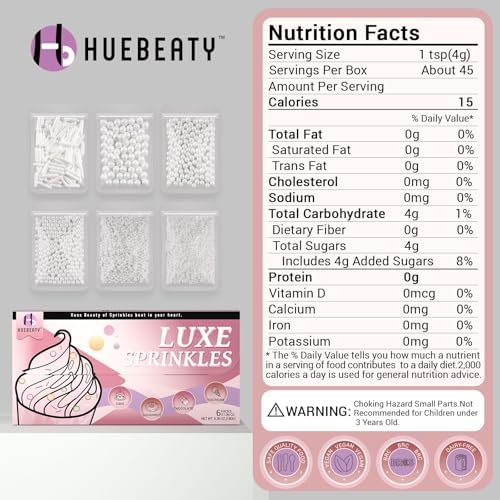 HUEBEATY® White Edible Pearls Sprinkles Set with Claw Sprinkle Pen, 6.36oz – Assorted White Cake Sugar Pearls (2mm–10mm) and Sugar Rods Sprinkles for Cake, Cupcakes, Cookies, Wedding & Valentine Desserts