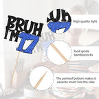 1 PCS Bruh I'm 17 Cake Topper Glitter Happy 17th Birthday Cake Pick Bro I'm 17 Cake Decoration It's My 17th Birthday Decorations for Cheers to 17 Years Old Birthday Anniversary Party Supplies Blue