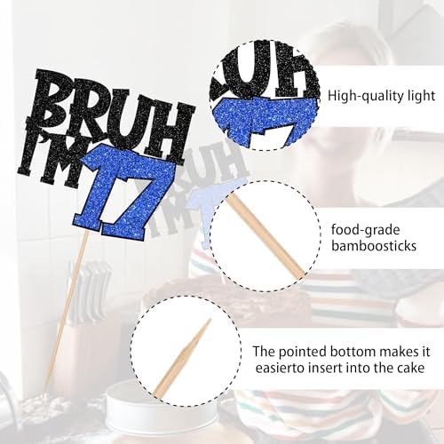 1 PCS Bruh I'm 17 Cake Topper Glitter Happy 17th Birthday Cake Pick Bro I'm 17 Cake Decoration It's My 17th Birthday Decorations for Cheers to 17 Years Old Birthday Anniversary Party Supplies Blue