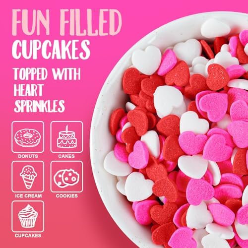 Valentines Sprinkles for Baking, 7oz Pink White and Red Heart Sprinkles for Cake Decorating, Valentine Sprinkles for Cookies, Cake, Cupcake, Ice Cream, Strawberries Toppings