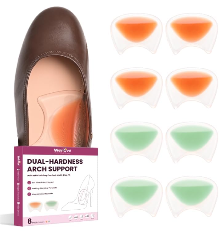 Gel Arch Support Inserts Women - Welnove Soft Cushions Arch Support for Flat Feet Plantar Fasciitis Foot Pain Fatigue Relief - Long-Lasting Adhesive Pads for Heels Sandals Flats (0.24" + 0.4" Height)