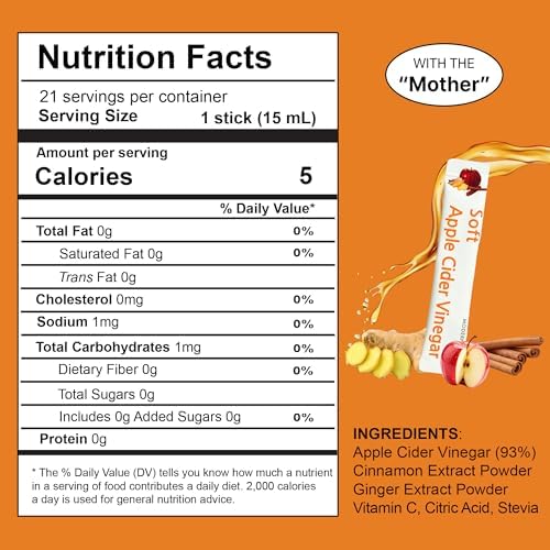MODERN GURU Apple Cider Vinegar Packets with the Mother – ACV Drink Sticks | 93% ACV with Ginger & Cinnamon | Sugar-Free, Supports Digestion & Detox, Low-Calorie | Travel Size On-the-Go Packets (21 Count)
