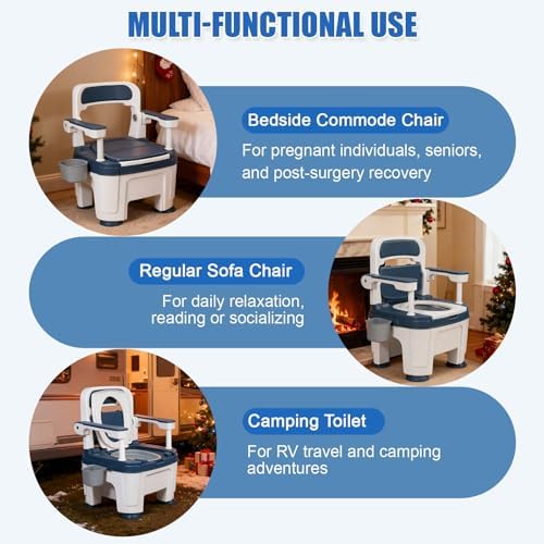 Bedside Commode for Seniors, Adult Portable Commode Toilet 882lbs Capacity, Potty Chair for Seniors with Adjustable Handles, Height Adjustable Portable Toilet Chairs for Adults（US Fast Arrival）