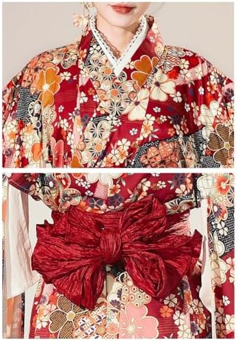 Womens Kimono Robe Traditional Japanese Kimono Dress Flower Printed Yukata with OBI, Halloween Cosplay Costume