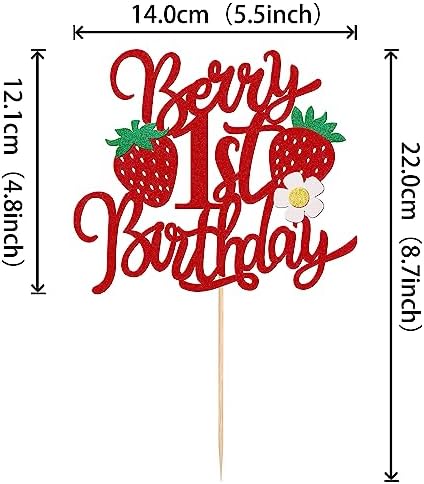 1 PCS Berry 1st Birthday Cake Topper with Flower Glitter Sweet Fruit Theme First Birthday Strawberry One Cake Pick for Strawberry Theme Baby Shower Kids 1st Birthday Party Cake Decorations Supplies