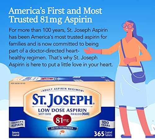 St. Joseph Aspirin Pain Reliever (NSAID) 81mg, Enteric Safety Coated, Adult Low Dose Aspirin, 365 ct (1 Year Supply, Packaging May Vary)