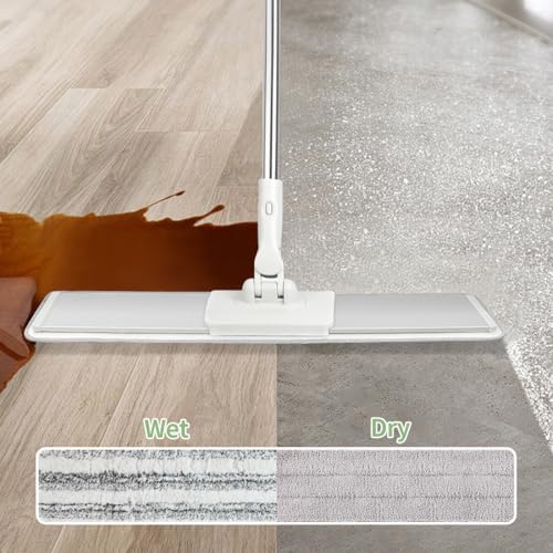 CQT Commercial Flat Microfiber Floor Mop Cleaning System 20" Inch Wet Dry and Dust Hardwood with 4 Washable Pads Cleaner for Laminate Tile Stainless Steel Handle and Extension (White)