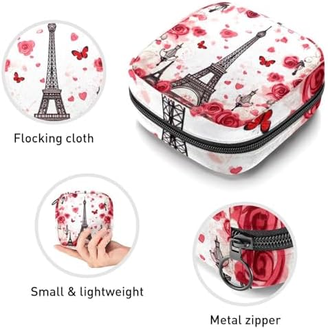 Sanitary Napkin Storage Bag, Zipper Period Pouch for Teen Girls Women, Portable Menstrual Tampons Collect Bags Eiffel Tower Love Heart
