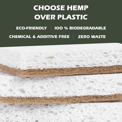 Plant-Based Kitchen Sponges - FSC Certified and PETA Approved, Natural, Eco-Friendly, Biodegradable Sisal Hemp Sponges for Dishes, Cleaning Sponge for Kitchen, Bathroom, Household - 12 Count