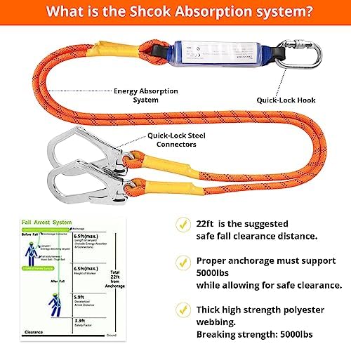 Safety Harness Fall Protection Kit: Full Body Roofing harnesses with Shock Absorbing Lanyard - Updated Comfortable Waist Pad