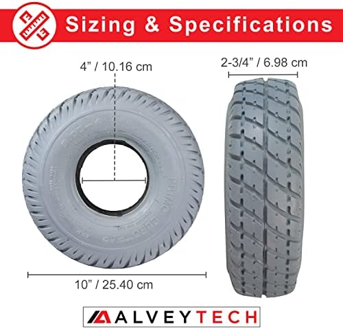 AlveyTech 3.00-4 (10"x3", 260X85) Foam-Filled Mobility Tire with Durotrap C9210 Tread (2-5/8" Bead Width) - Replacement Scooter Flat-Free Tires for Electric Scooters, Non-Marking Gray (TIRSOLI1020)
