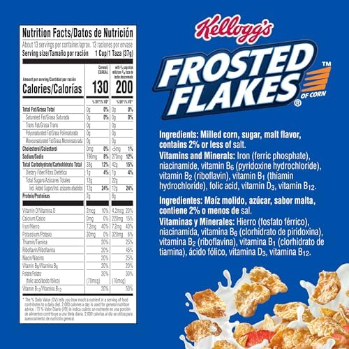 Frosted Flakes Breakfast Cereal, 8 Vitamins and Minerals, Kids Snacks, Large Size, Original, 17.3oz Box (1 Box)