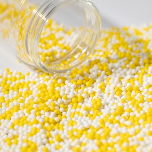 Sprinkles130g/4.6oz, White Yellow Edible Pearl Sprinkles for Cake Decorations, Baking, Ice Cream, Cookies, Cupcake Topper Edible Pearls Sprinkles - 2mm Matte Sugar Pearls for Cake Decorating (2mm yellow white)