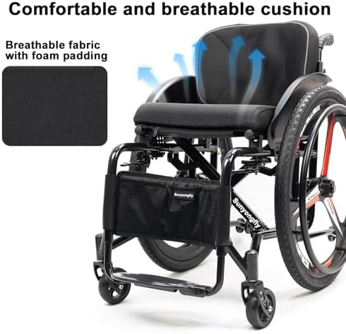 Lightweight Adult Wheelchair Folding Sports Aluminium Comfortable Cushion backrest,Adjustable Footrest and Seat Height for Youth, Adults, Elderly(Seat Width 42cm,A)
