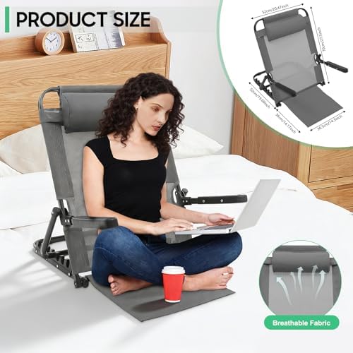 Adjustable Lifting Bed Backrest with Armrest, Large Folding Bed Rest Sitting up 8 Levels 40°- Approaching 90°, Multifunction Portable Backrest Support with Pillow for Neck Head (Grey)