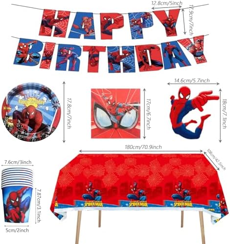 68PCS Spidey Birthday Decorations: 20 Plates, 20 Napkins, 20 Cups, 1 "Happy Birthday" Banner, 6 Hanging Swirls, 1 Tablecover