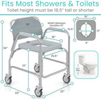Vive Shower Chair & Toilet Riser with Wheels - Rolling Bathroom Seat for Elderly, Disabled, Handicapped - Adjustable Senior Raised Bath Potty Chair with Handles for Adults - w/ Arms & Locking Wheels