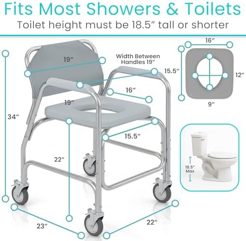 Vive Shower Chair & Toilet Riser with Wheels - Rolling Bathroom Seat for Elderly, Disabled, Handicapped - Adjustable Senior Raised Bath Potty Chair with Handles for Adults - w/ Arms & Locking Wheels