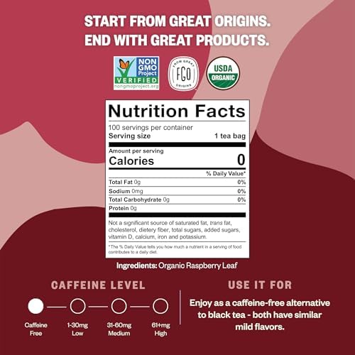 FGO Organic Red Raspberry Leaf Tea Bags, 100 Eco-Conscious Tea Bags, Caffeine Free, Imported from Germany, Reseable Bag, Packaging May Vary (Pack of 1)
