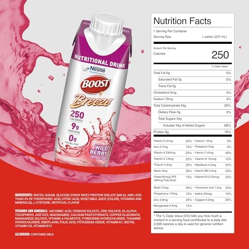 BOOST Breeze Clear Nutritional Drink - 250 Calories - 19 Vitamins & Minerals - 9 g Protein – Fortified with Vitamin A & Zinc - Wild Berry Flavor - 8 fl oz (Pack of 24)