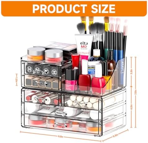 SUOXING Clear Acrylic Makeup Organizer for Vanity,Bathroom,Dresser,6 Drawer Cute Make up Organizers for Counter,Plastic Countertop Makeup Storage for Beauty,Jewelry,Brush,Cosmetic,Skin Care Organizer