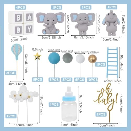 44 PCS Elephant Cake Toppers - Mini 3D Elephant BABY Letters Milk Bottle Blue Gold Foam Balls Cake Toppers for Boy Girl Birthday Party Baby Shower Cake Decorations