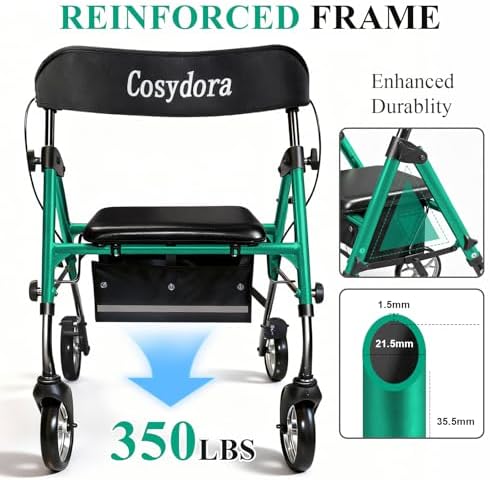 Cosydora Rollator Walkers for Seniors with Seat, 13.6 Lbs Ultra Lightweight Foldable Rolling Walker, 350Lbs Heavy Duty Aluminum, 8" All Terrain Wheels, Dual Adjustable Height, Shimmer Green