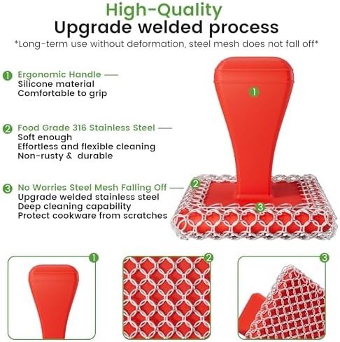 TOPULORS Cast Iron Scrubber Cleaner & 316L Stainless Steel Chainmail Scrubber with 2 Scrapers, Ergonomic Silicone Handle Brush for Pans Skillets Grills Dishes Cleaning - Non-Scratch Rust-Proof - Red