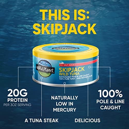 Wild Planet Skipjack Wild Tuna, No Salt Added, Canned Tuna, Sustainably Wild-Caught, Pole & Line, Non-GMO, Kosher, 5 oz, Pack of 4, Packaging May Vary